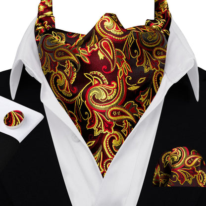 Red and Yellow Jacquard Ascot, Pocket Square and Cufflinks ascot - Sophisticated Gentlemen