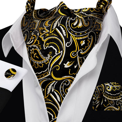 Black Beige Yellow Floral Ascot, Pocket Square and Cufflinks ascot    - Sophisticated Gentlemen