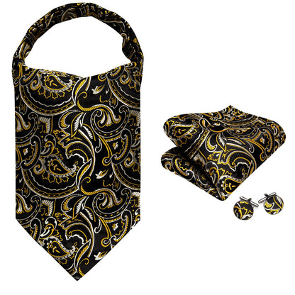 Black Beige Yellow Floral Ascot, Pocket Square and Cufflinks ascot    - Sophisticated Gentlemen