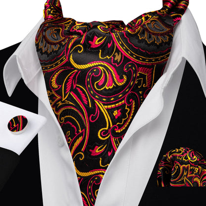 Black Pink Yellow Ascot, Pocket Square and Cufflinks ascot    - Sophisticated Gentlemen