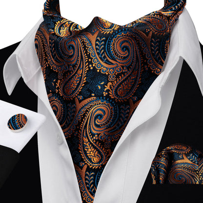 Dark Blue Golden Paisley Ascot, Pocket Square and Cufflinks ascot    - Sophisticated Gentlemen