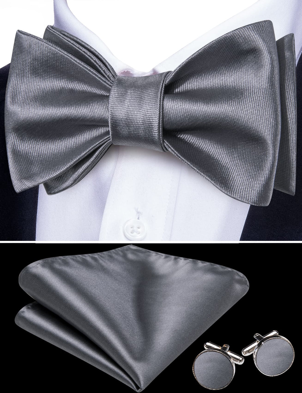 Gray Solid Bow Tie Set bow ties    - Sophisticated Gentlemen