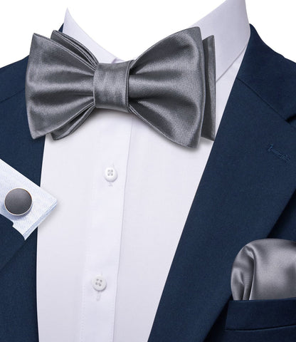Gray Solid Bow Tie Set bow ties    - Sophisticated Gentlemen