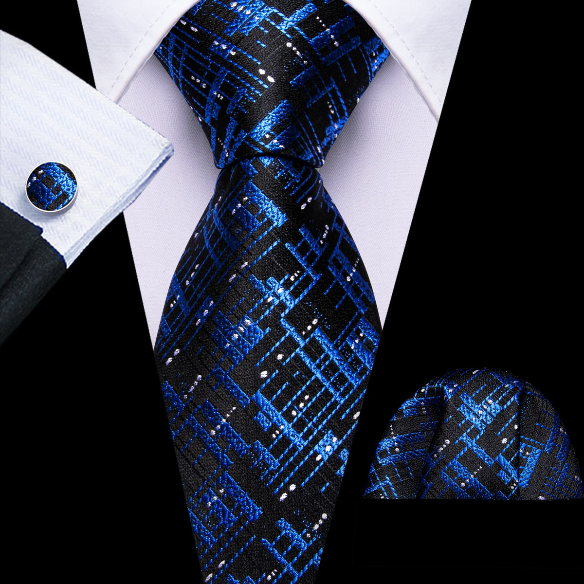 Black Blue Novelty Tie, Pocket Square and Cufflinks Set tie sets    - Sophisticated Gentlemen