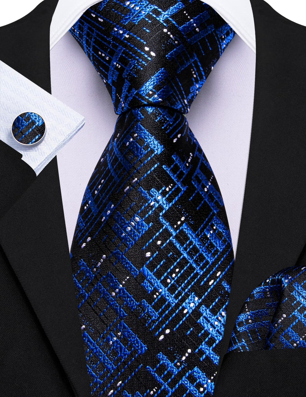 Black Blue Novelty Tie, Pocket Square and Cufflinks Set tie sets    - Sophisticated Gentlemen
