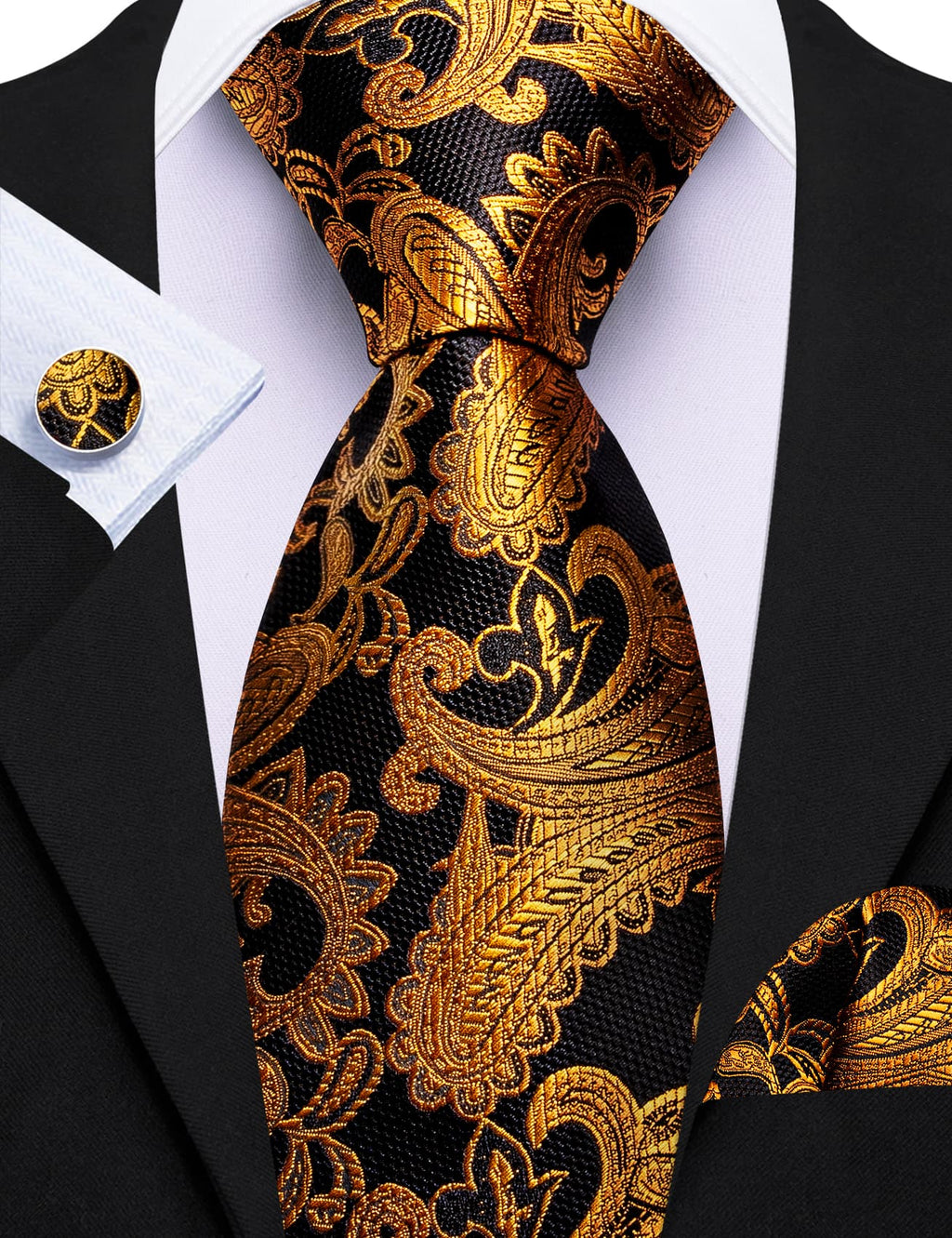 Black Golden Jacquard Paisley Tie, Pocket Square and Cufflinks Set tie sets    - Sophisticated Gentlemen
