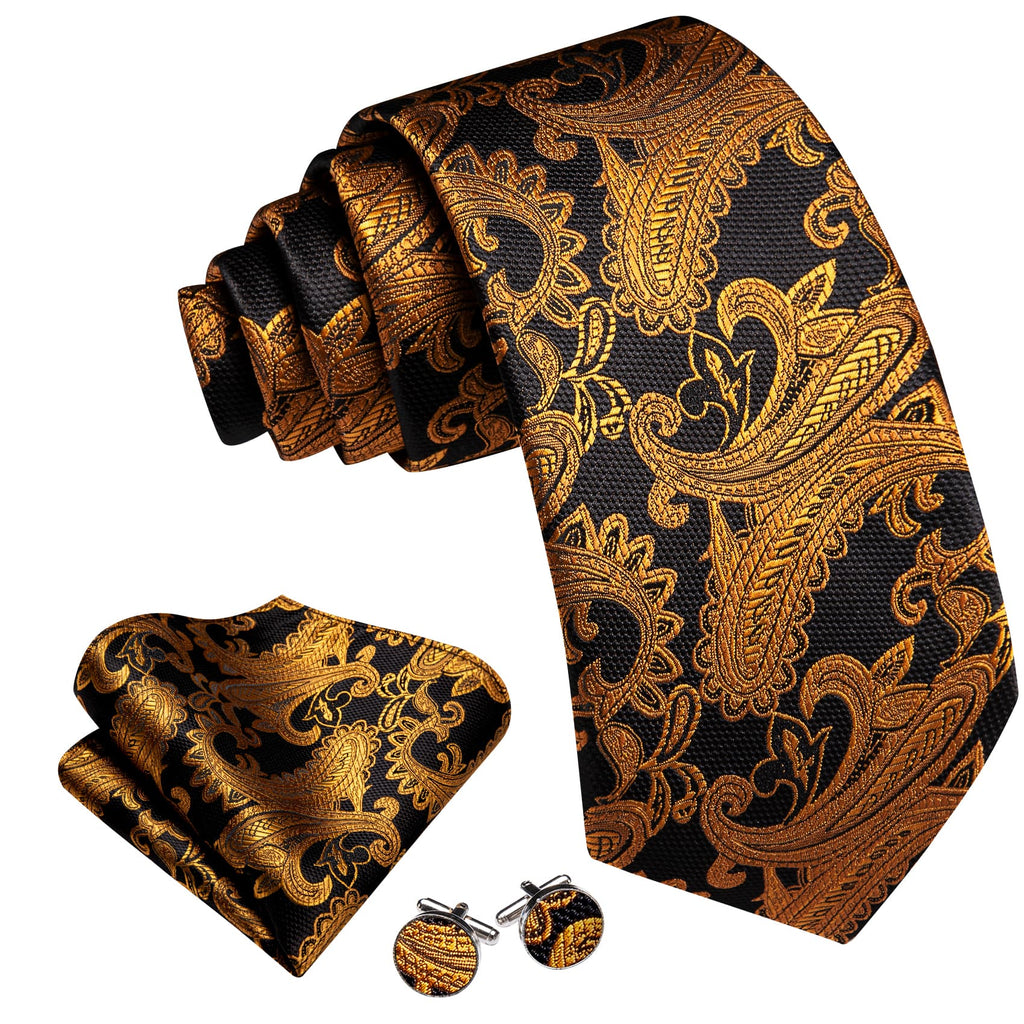 Black Golden Jacquard Paisley Tie, Pocket Square and Cufflinks Set tie sets    - Sophisticated Gentlemen
