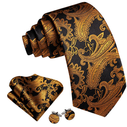 Black Golden Jacquard Paisley Tie, Pocket Square and Cufflinks Set tie sets    - Sophisticated Gentlemen