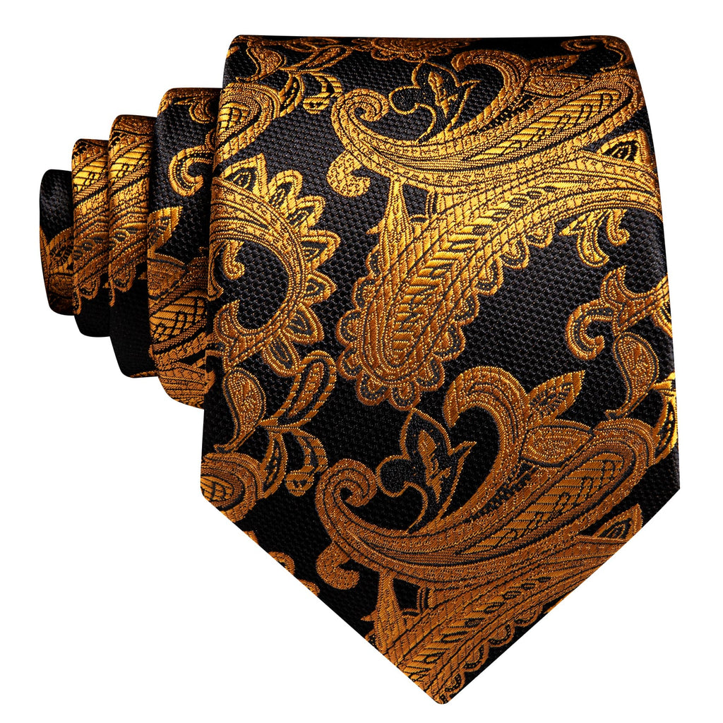 Black Golden Jacquard Paisley Tie, Pocket Square and Cufflinks Set tie sets    - Sophisticated Gentlemen