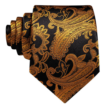 Black Golden Jacquard Paisley Tie, Pocket Square and Cufflinks Set tie sets    - Sophisticated Gentlemen