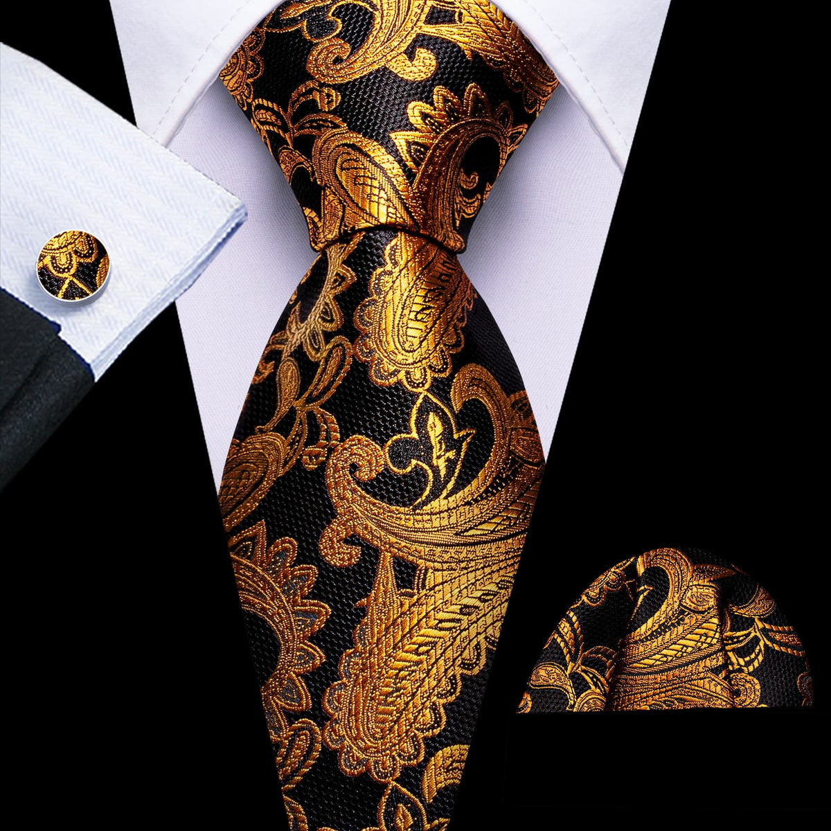 Black Golden Jacquard Paisley Tie, Pocket Square and Cufflinks Set tie sets    - Sophisticated Gentlemen