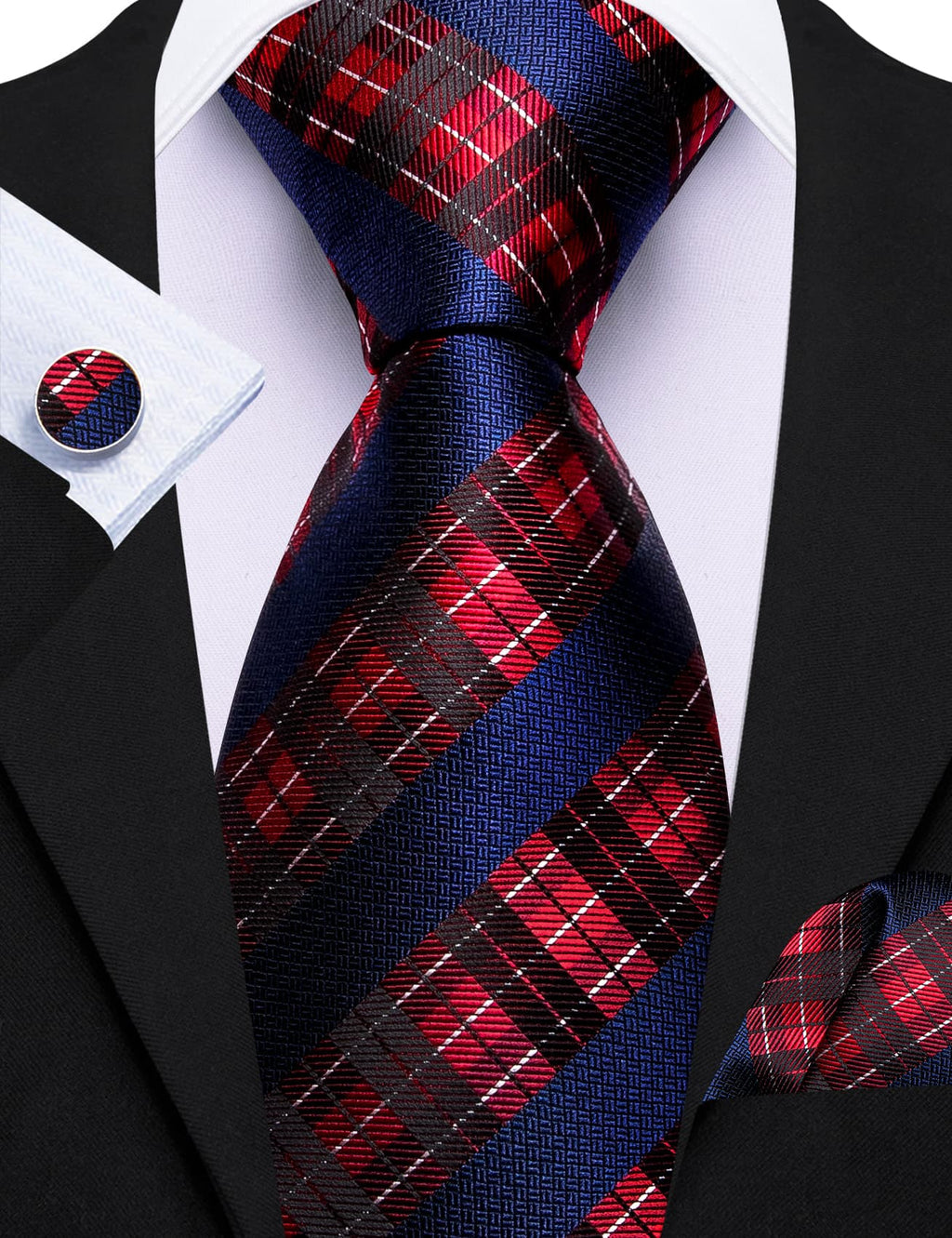 Dark Blue, Red & White Checkered Silk Tie, Pocket Square & Cufflinks Set tie sets - Sophisticated Gentlemen