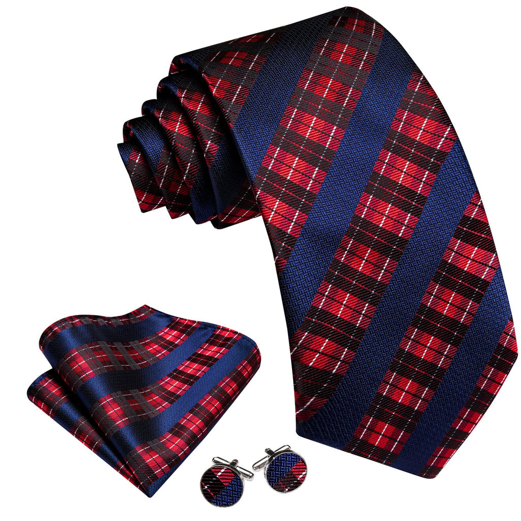 Dark Blue, Red & White Checkered Silk Tie, Pocket Square & Cufflinks Set tie sets - Sophisticated Gentlemen