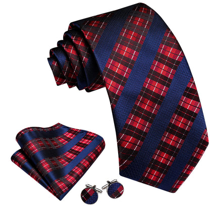 Dark Blue, Red & White Checkered Silk Tie, Pocket Square & Cufflinks Set tie sets - Sophisticated Gentlemen