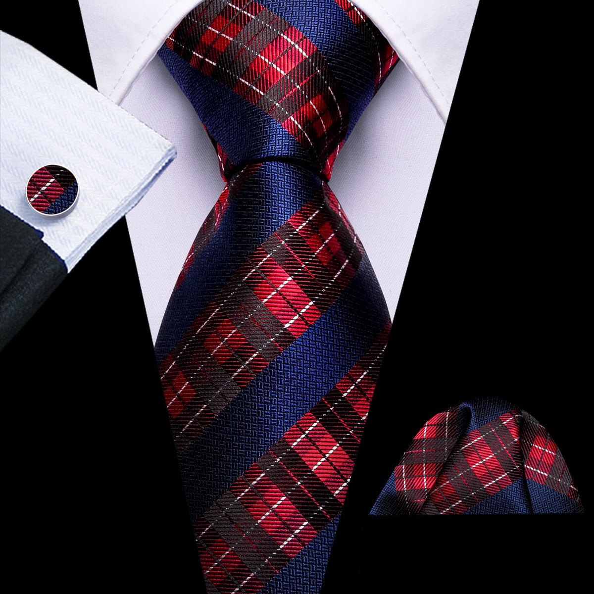Dark Blue, Red & White Checkered Silk Tie, Pocket Square & Cufflinks Set tie sets - Sophisticated Gentlemen