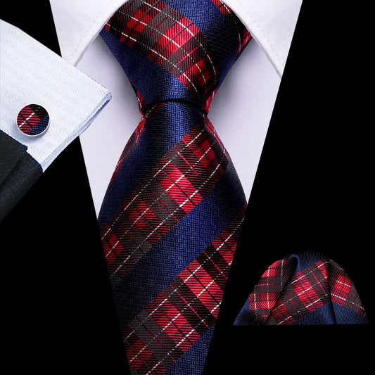 Dark Blue, Red & White Checkered Silk Tie, Pocket Square & Cufflinks Set tie sets - Sophisticated Gentlemen