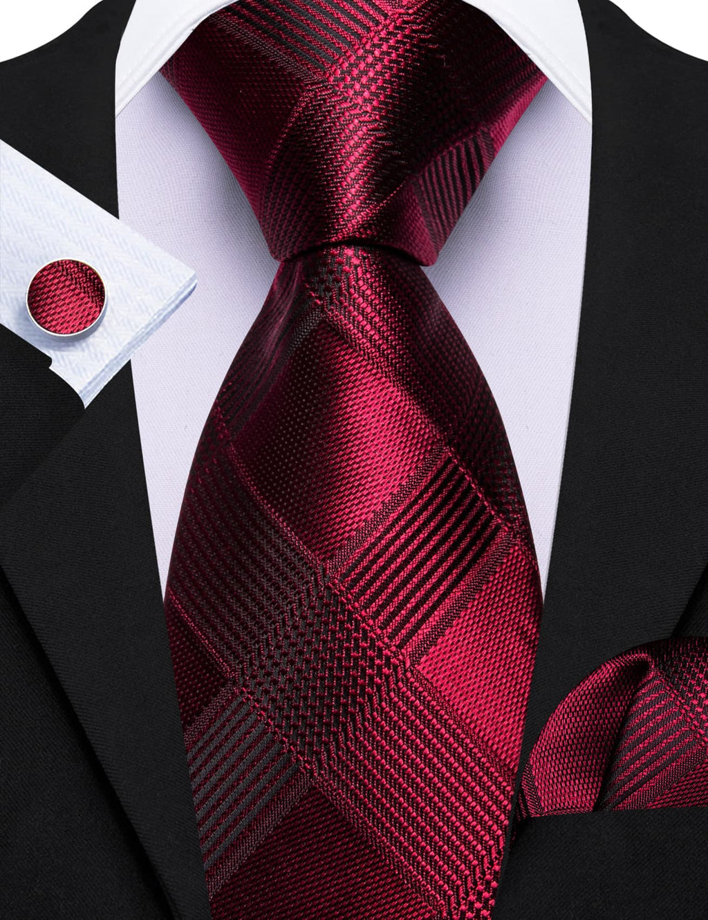 Burgundy Red Plaid Tie, Pocket Square and Cufflinks Set tie sets    - Sophisticated Gentlemen