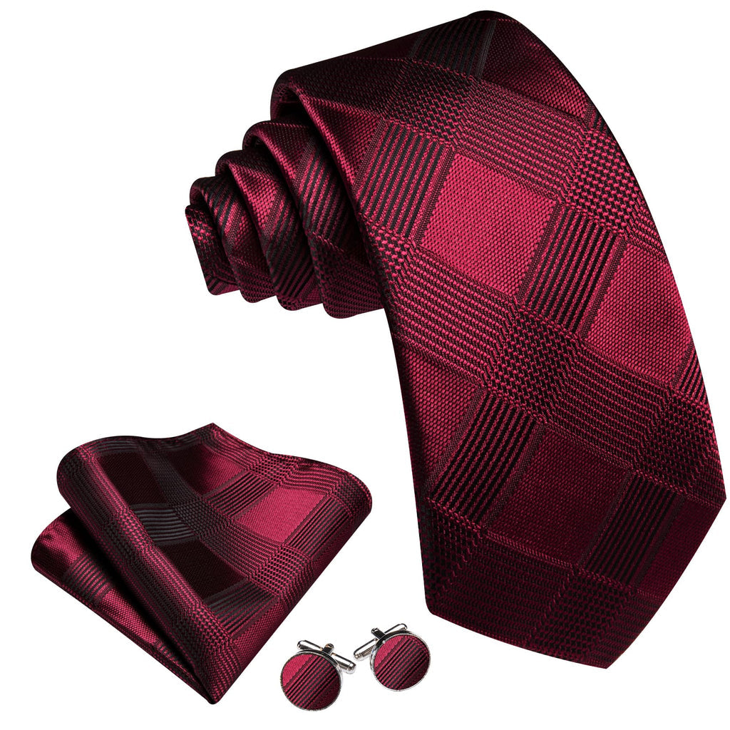 Burgundy Red Plaid Tie, Pocket Square and Cufflinks Set tie sets    - Sophisticated Gentlemen