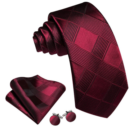 Burgundy Red Plaid Tie, Pocket Square and Cufflinks Set tie sets    - Sophisticated Gentlemen
