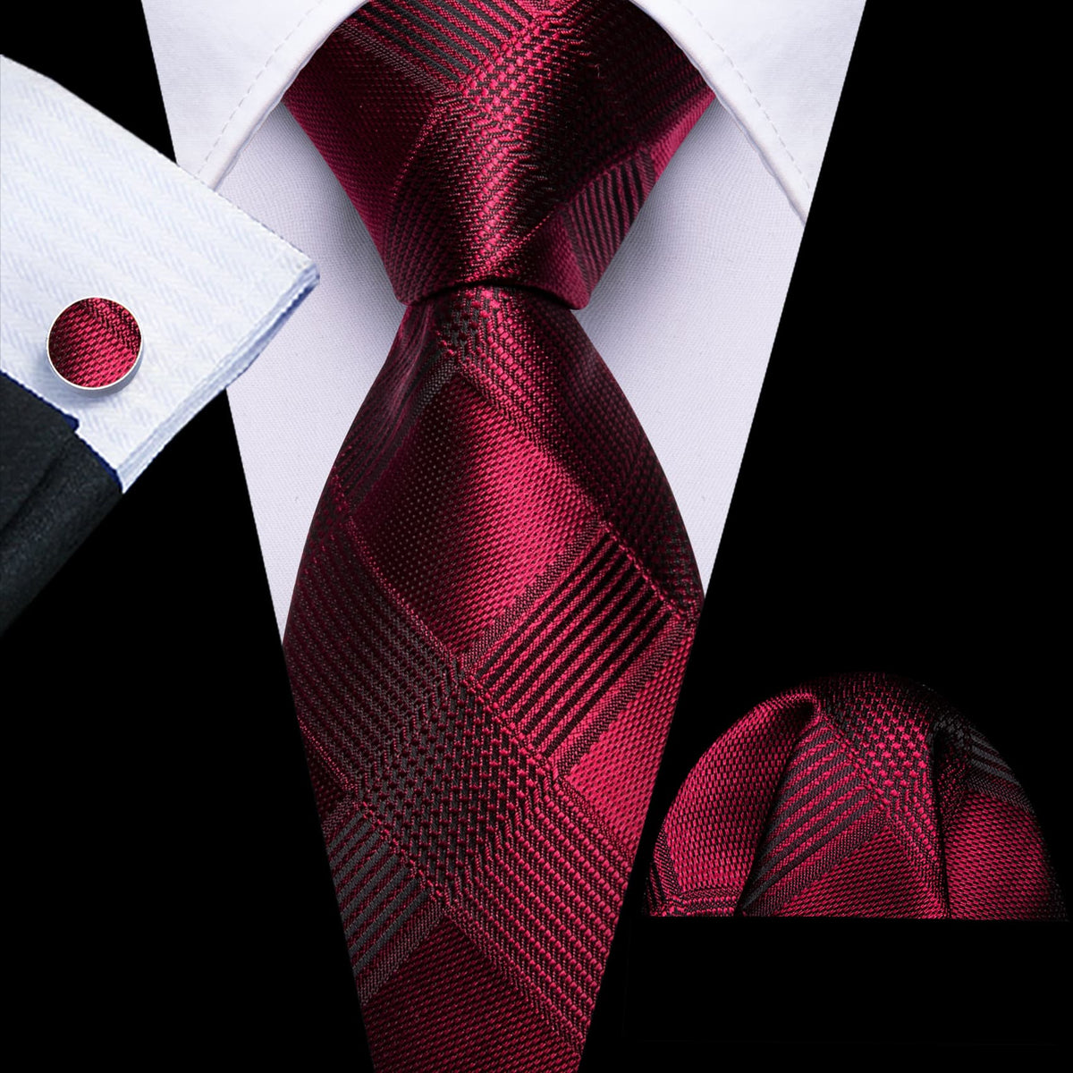 Burgundy Red Plaid Tie, Pocket Square and Cufflinks Set tie sets    - Sophisticated Gentlemen