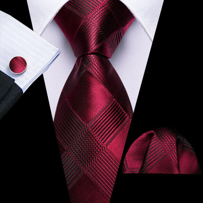 Burgundy Red Plaid Tie, Pocket Square and Cufflinks Set tie sets    - Sophisticated Gentlemen