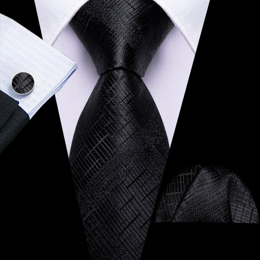 Black Embossed Jacquard Silk Tie, Pocket Square & Cufflinks Set tie sets - Sophisticated Gentlemen