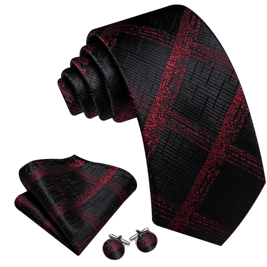 Dark Red Plaid Jacquard Tie, Pocket Square, and Cufflinks Set tie sets    - Sophisticated Gentlemen