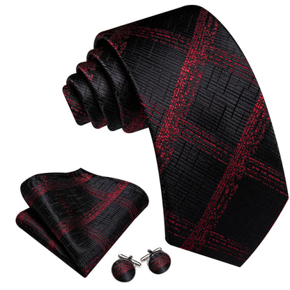 Dark Red Plaid Jacquard Tie, Pocket Square, and Cufflinks Set tie sets    - Sophisticated Gentlemen