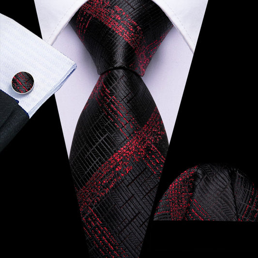 Dark Red Plaid Jacquard Tie, Pocket Square, and Cufflinks Set tie sets    - Sophisticated Gentlemen