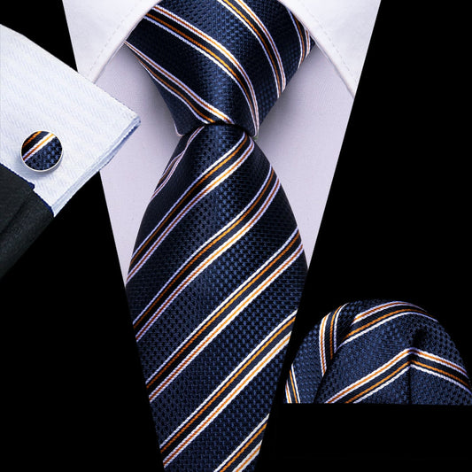 Dark Blue, Black, and Yellow Striped Jacquard Tie, Pocket Square, and Cufflinks Set tie sets    - Sophisticated Gentlemen