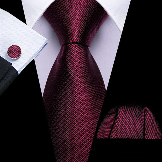 Dark Red Geometric Jacquard Tie, Pocket Square, and Cufflinks Set tie sets    - Sophisticated Gentlemen