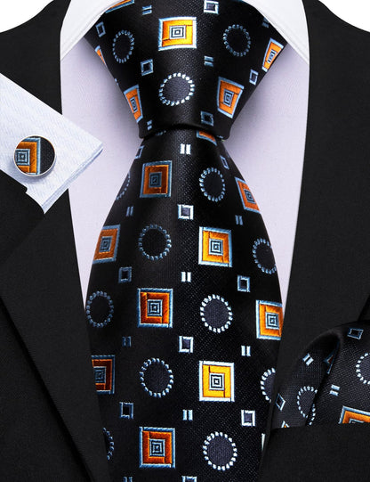Black Orange Blue Jacquard Squares Novelty Tie, Pocket Square and Cufflinks Set tie sets    - Sophisticated Gentlemen