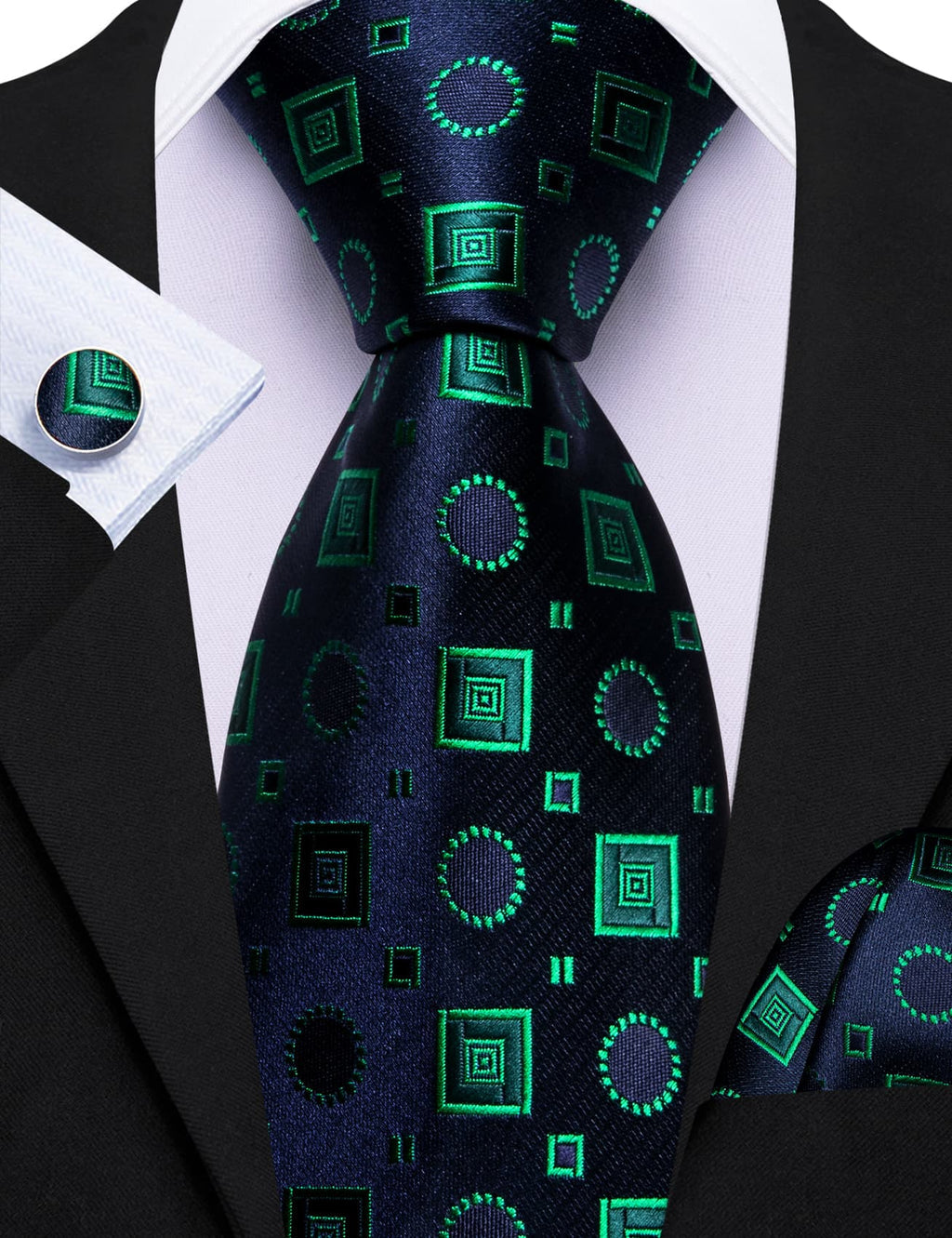 Blue Light Green Jacquard Squares Novelty Tie, Pocket Square and Cufflinks Set tie sets    - Sophisticated Gentlemen