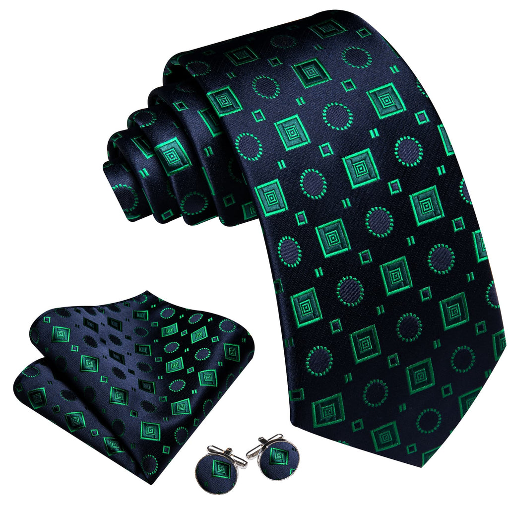 Blue Light Green Jacquard Squares Novelty Tie, Pocket Square and Cufflinks Set tie sets    - Sophisticated Gentlemen