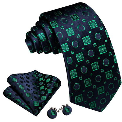 Blue Light Green Jacquard Squares Novelty Tie, Pocket Square and Cufflinks Set tie sets    - Sophisticated Gentlemen