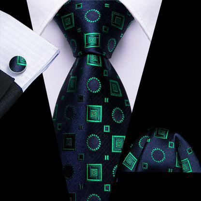 Blue Light Green Jacquard Squares Novelty Tie, Pocket Square and Cufflinks Set tie sets    - Sophisticated Gentlemen