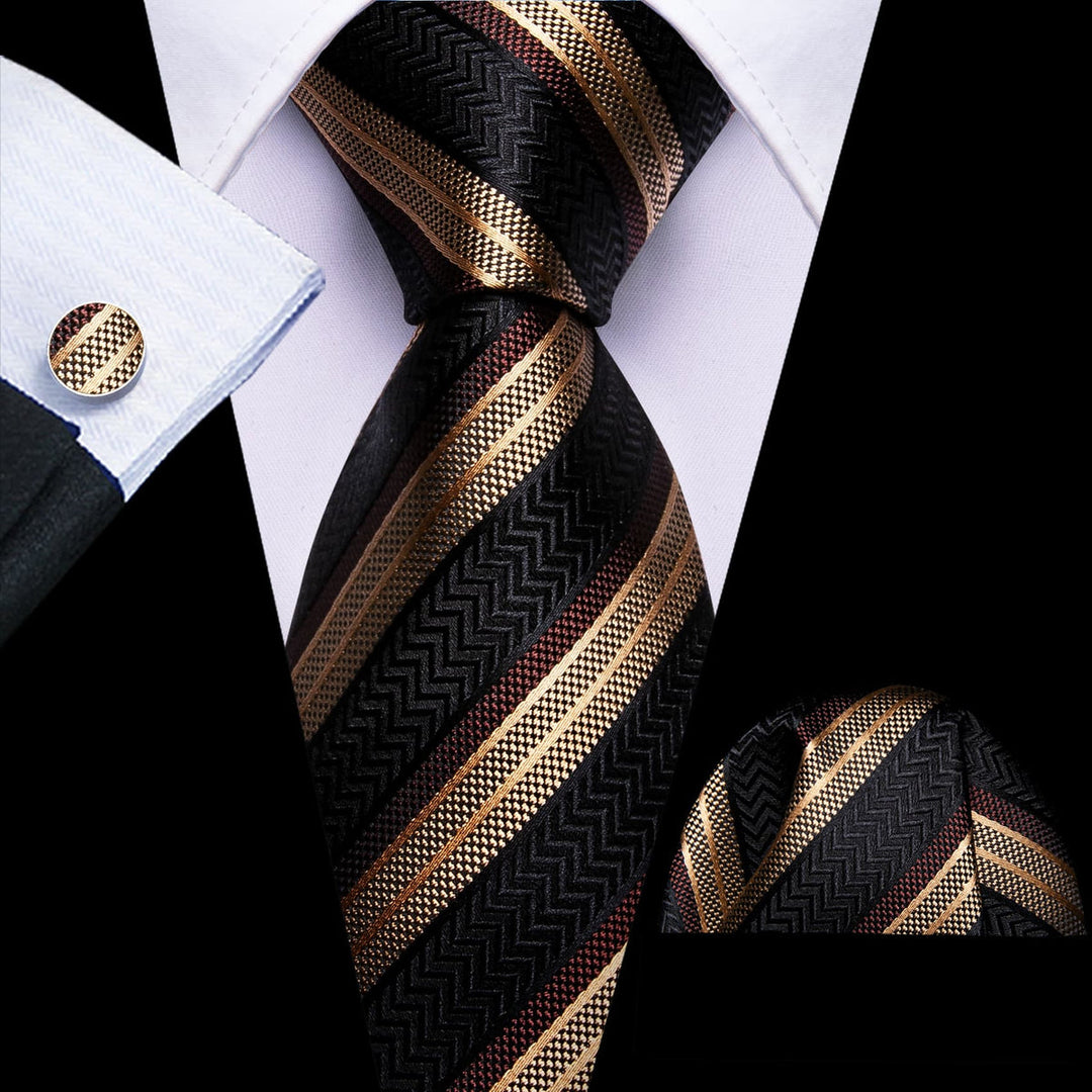 Black, Beige, and Brown Striped Tie, Pocket Square, and Cufflinks Set tie sets    - Sophisticated Gentlemen