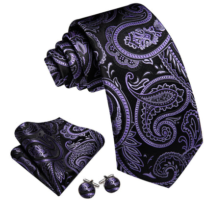 Black and Purple Orchid Floral Tie, Pocket Square, and Cufflinks Set tie sets    - Sophisticated Gentlemen