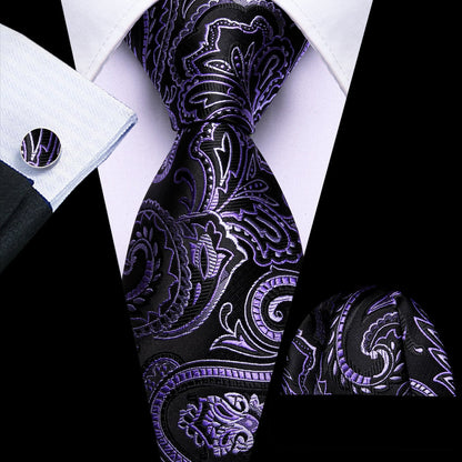 Black and Purple Orchid Floral Tie, Pocket Square, and Cufflinks Set tie sets    - Sophisticated Gentlemen