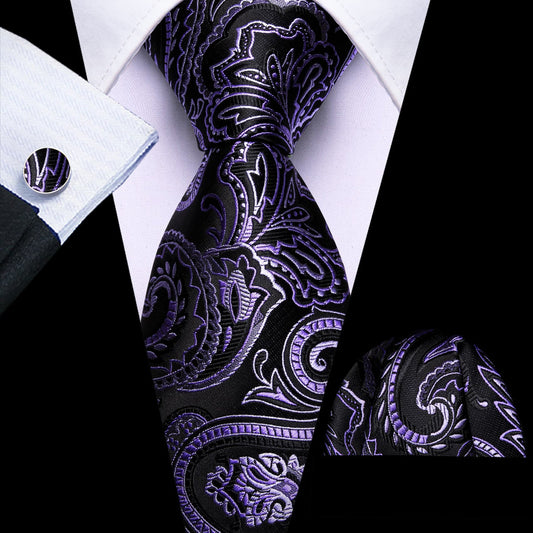 Black and Purple Orchid Floral Tie, Pocket Square, and Cufflinks Set tie sets    - Sophisticated Gentlemen