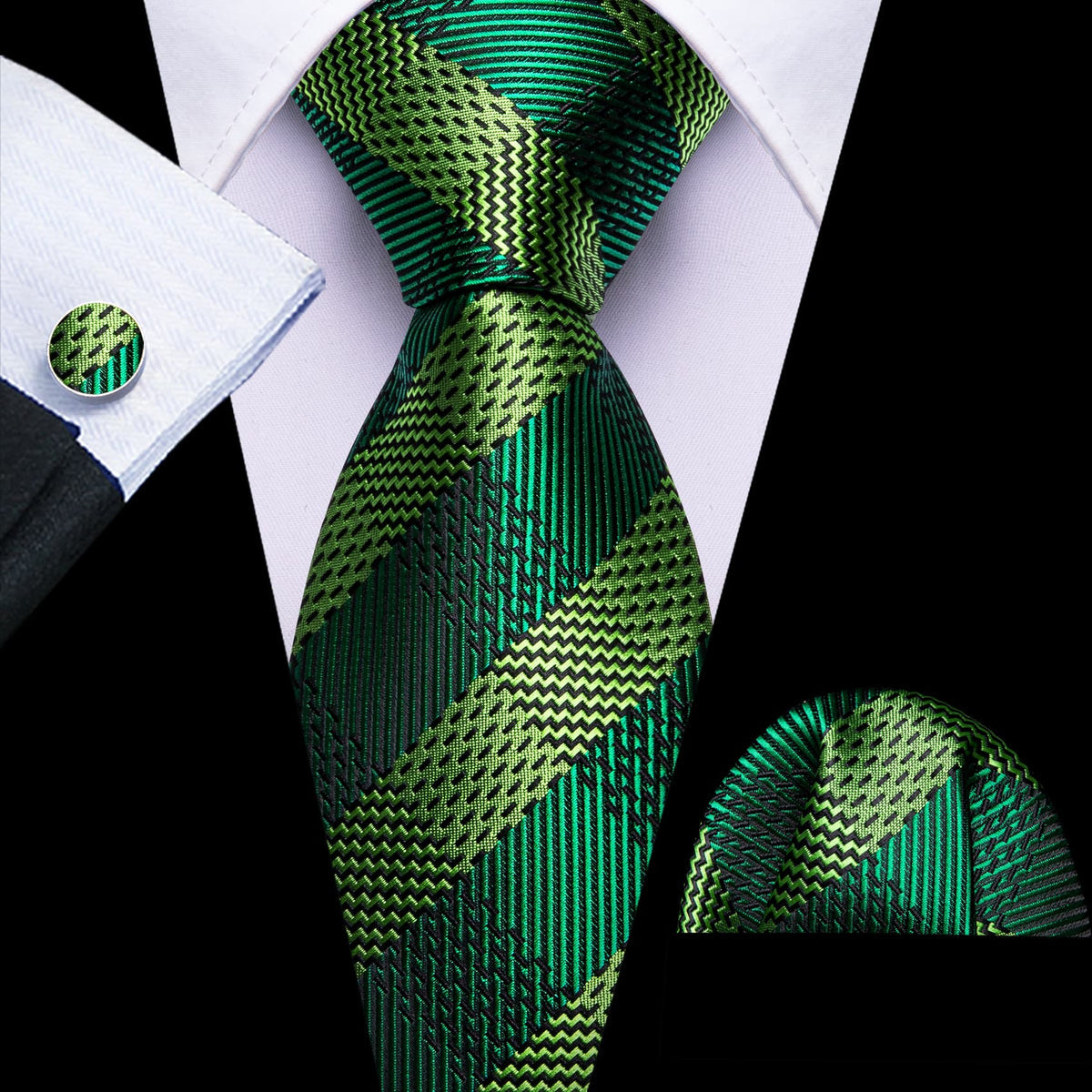 Dark Green and Chartreuse Checkered Tie, Pocket Square, and Cufflinks Set tie sets    - Sophisticated Gentlemen