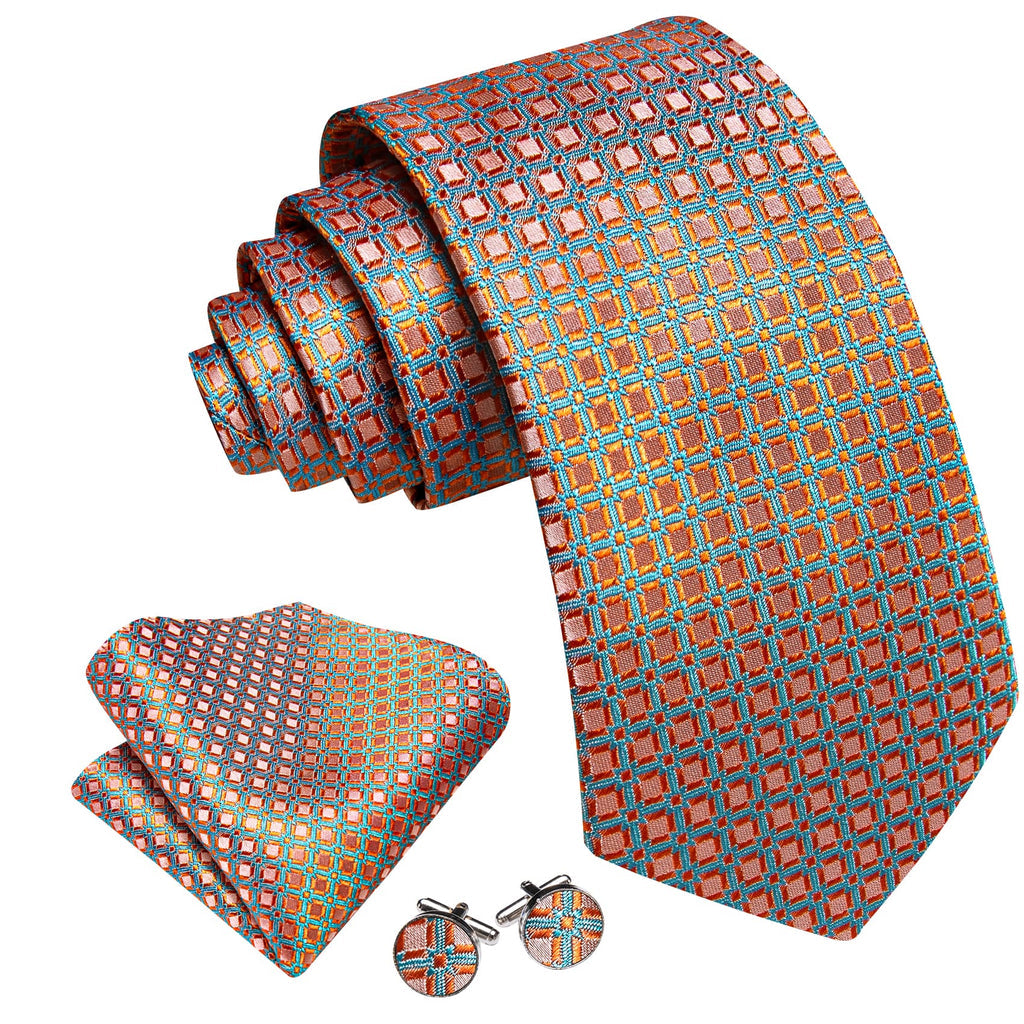 Sky Blue and Light Orange Geometric Jacquard Tie, Pocket Square, and Cufflinks Set tie sets    - Sophisticated Gentlemen