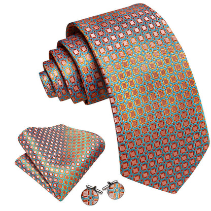 Sky Blue and Light Orange Geometric Jacquard Tie, Pocket Square, and Cufflinks Set tie sets    - Sophisticated Gentlemen
