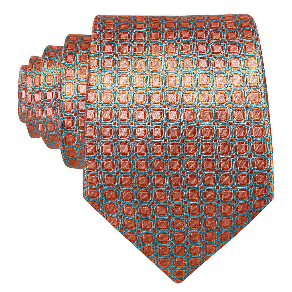 Sky Blue and Light Orange Geometric Jacquard Tie, Pocket Square, and Cufflinks Set tie sets    - Sophisticated Gentlemen