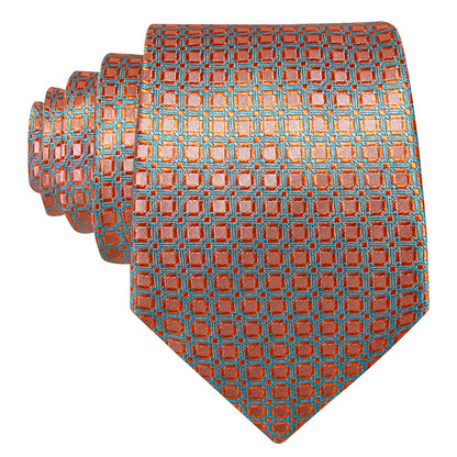 Sky Blue and Light Orange Geometric Jacquard Tie, Pocket Square, and Cufflinks Set tie sets    - Sophisticated Gentlemen