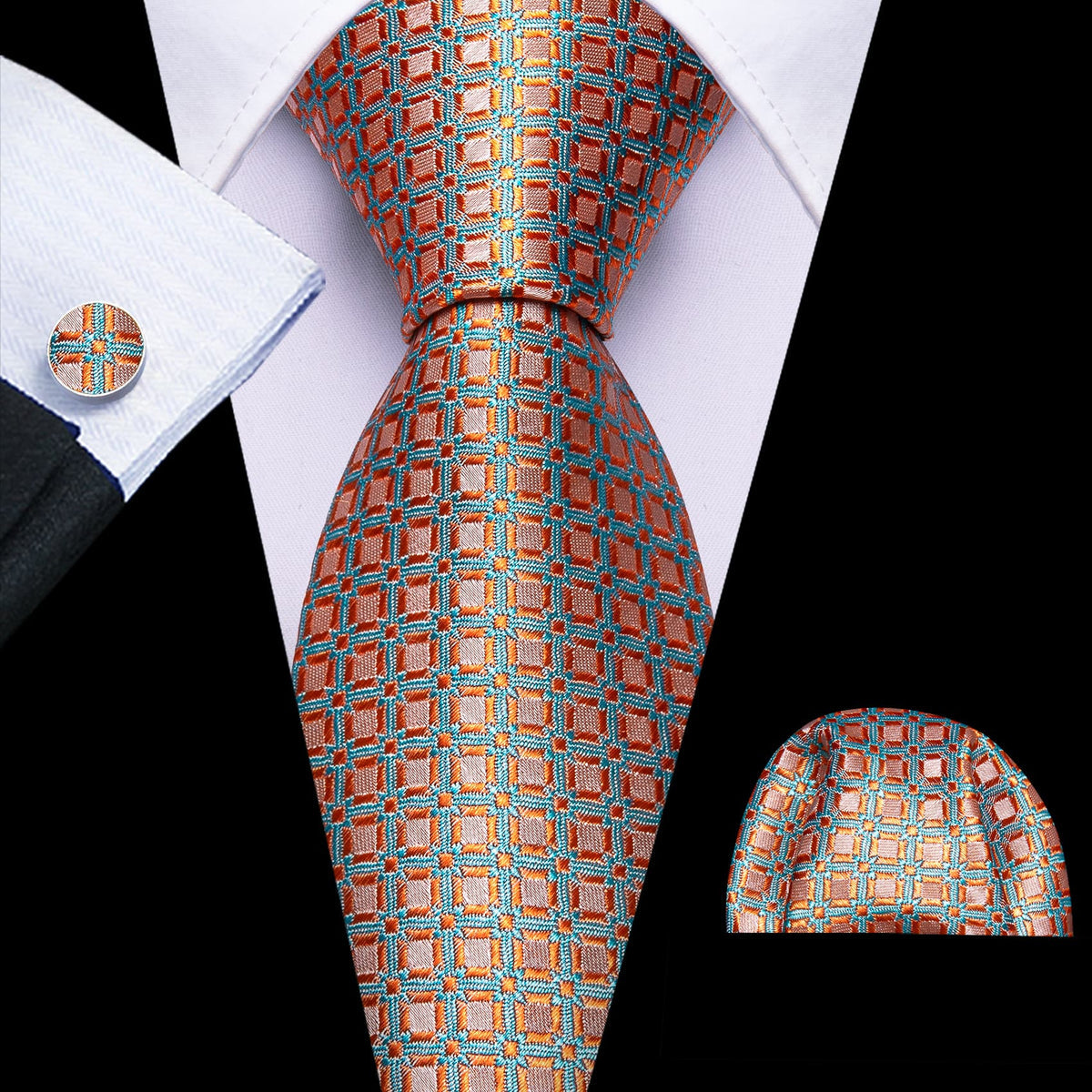 Sky Blue and Light Orange Geometric Jacquard Tie, Pocket Square, and Cufflinks Set tie sets    - Sophisticated Gentlemen
