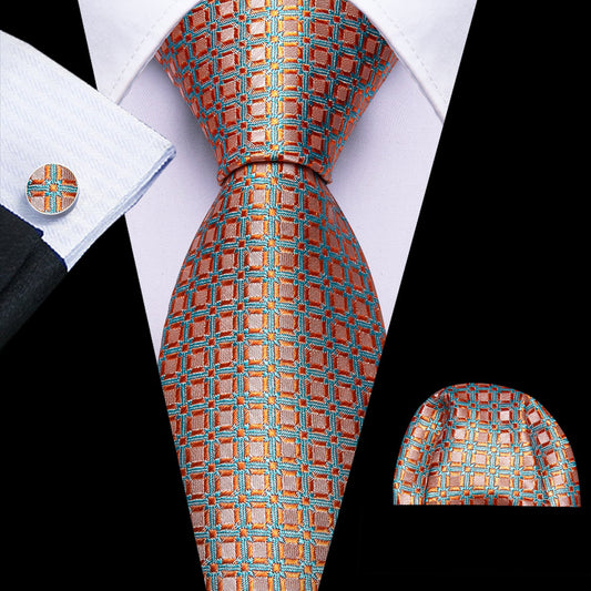 Sky Blue and Light Orange Geometric Jacquard Tie, Pocket Square, and Cufflinks Set tie sets    - Sophisticated Gentlemen