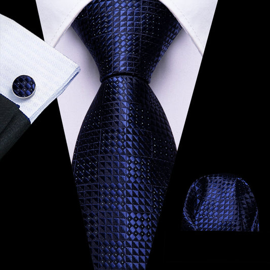 Navy Blue Geometric Jacquard Tie, Pocket Square, and Cufflinks Set tie sets    - Sophisticated Gentlemen