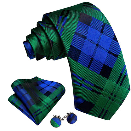Emerald & Navy Checkered Silk Tie, Pocket Square & Cufflinks Set tie sets - Sophisticated Gentlemen
