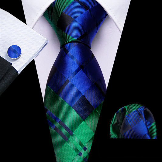Emerald & Navy Checkered Silk Tie, Pocket Square & Cufflinks Set tie sets - Sophisticated Gentlemen